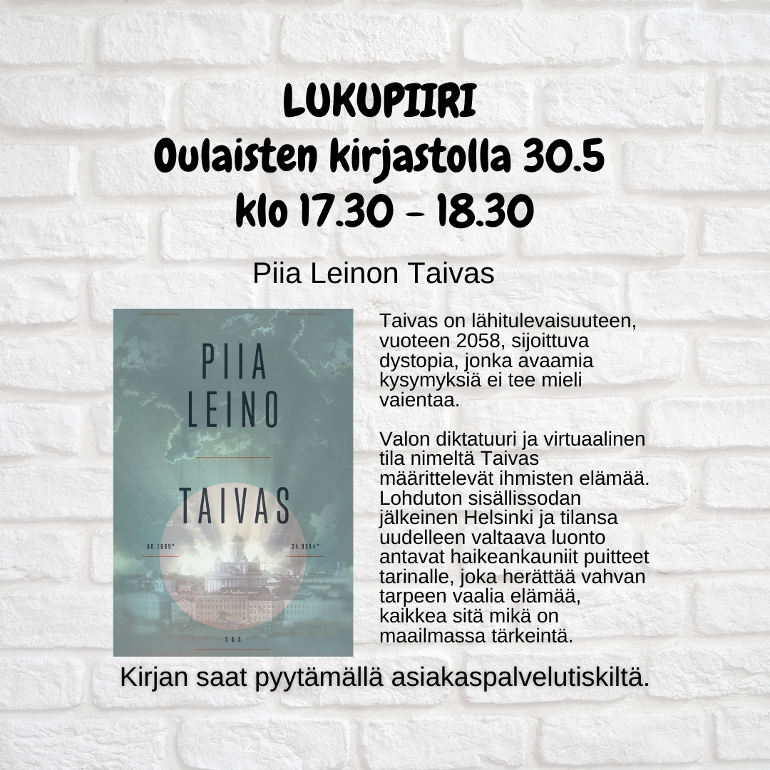 Piia Leinon Taivas Oulaisten kirjaston lukupiirissä 30.5.2023