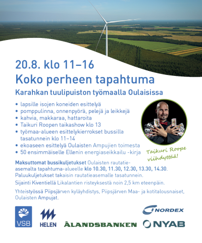 Karahkan perhetapahtuman mainosteksti ja Taikurin Roopen valokuva.