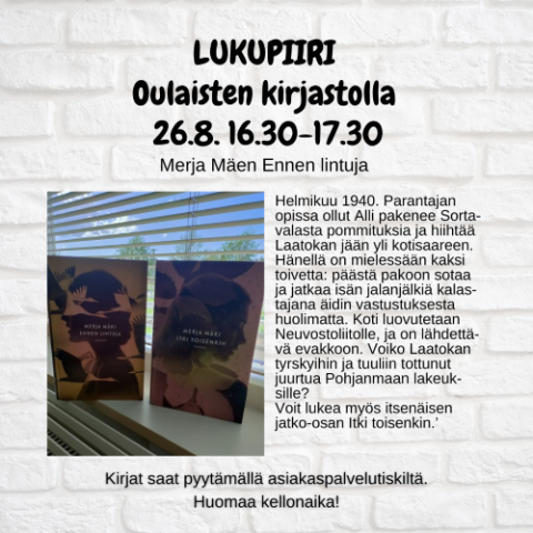 Lukupiirin ilmoitus, jossa lyhyt kuvaus kirjasta sekä kuva molempien kirjojen kansista.