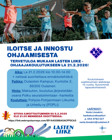 Iloitse ja innostu ohjaamisesta. Tervetuloa mukaan Lasten Liike -ohjaajakoulutukseen!