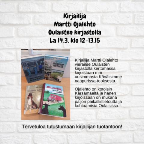 Kirjailijavieraan juliste jossa kansikuvia kirjoista ja tapahtuma-aika